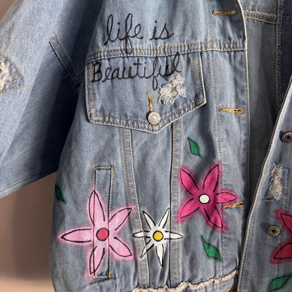 Wren and Glory Hand Painted Floral Denim Jean Jacket Monogrammed Custom - Picture 4 of 7